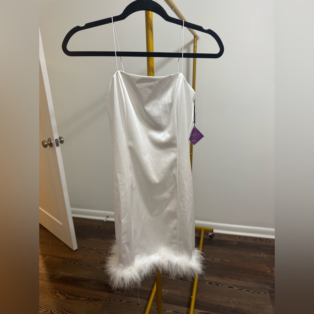Forever 21 White Satin Mini Dress with Feather Trim